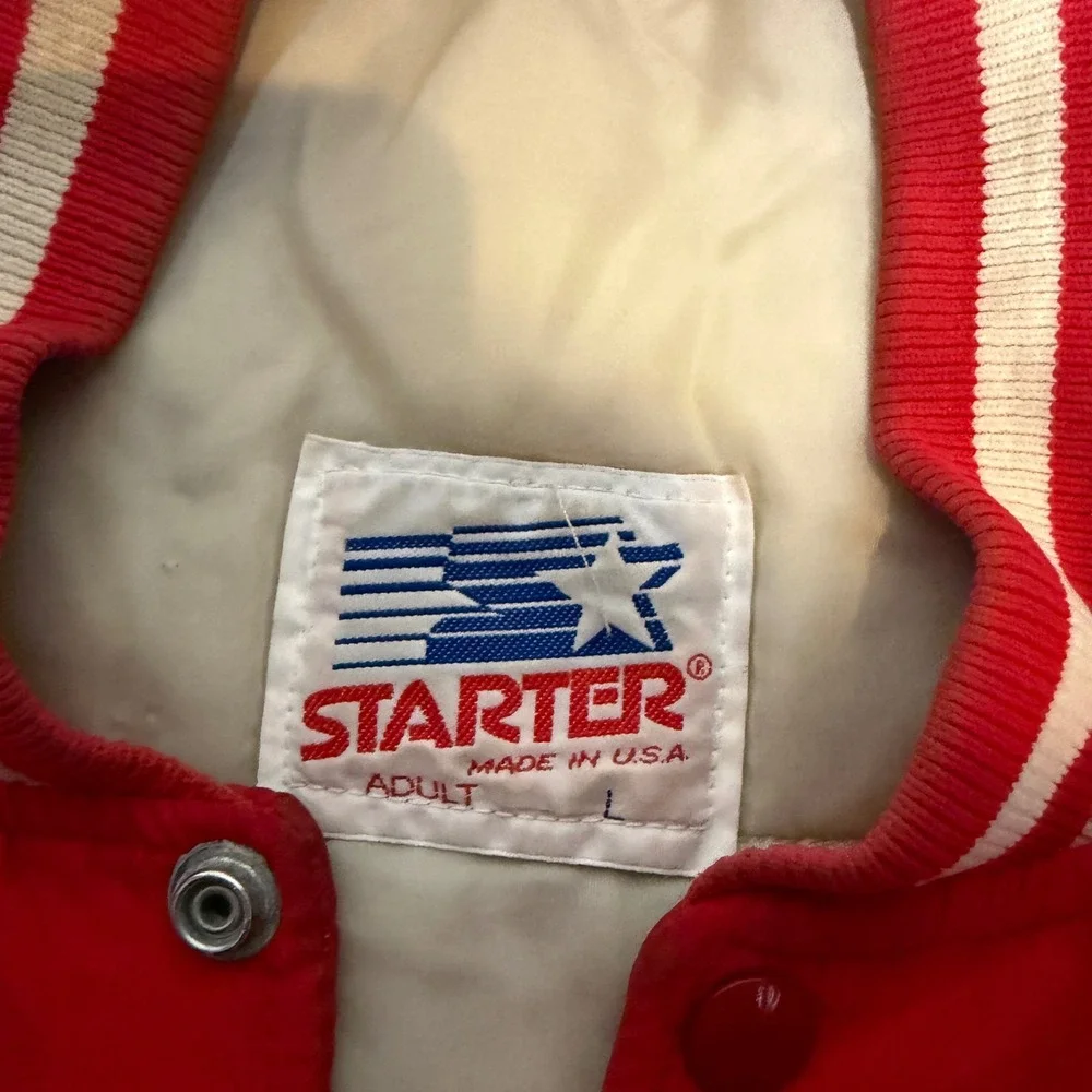 Vintage 80s Starter NC State Wolfpack Satin Varsity Jacket Large Red snap bomber